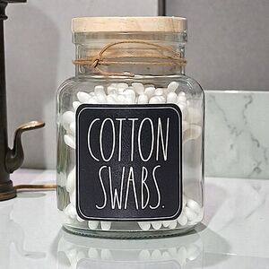 Rae Dunn 'COTTON SWABS' Clear Glass Black Label Jar 120 Count With Gift Tag